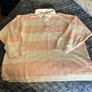 Aerie rugby type top. Pink and heather gray wide strips. Collar and 5 buttons